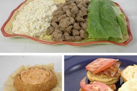 Top: Pork Lettuce Wraps. Left: Apache Dip. Right: B.P.T. (Bacon, Peanut Butter & Tomato) Pockets.
