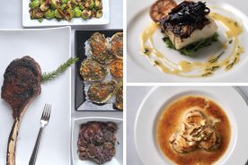 A variety of offerings, from seared scallops and oysters Rockefeller to steak, sea bass and brussel sprouts.