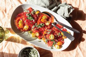 Heirloom Tomato Watermelon Carpaccio with Basil Ice